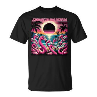 Solar Eclipse 2024 Retro Flamingos Flockin' To The Eclipse T-Shirt | Mazezy