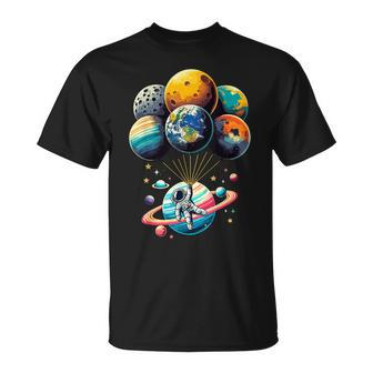Solar System Astronaut Holding Planet Balloons Space T-Shirt | Mazezy UK