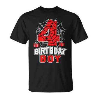 Spider 4Th Birthday Boy Spider Theme Birthday Boy 4 Year T-Shirt | Mazezy