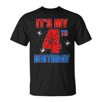 Spider Web 4 Years Old It's My 4Th Birthday Boy Party T-Shirt - Seseable