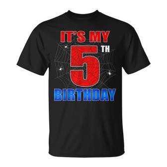 Spider Web Five 5 Years Old It's My 5Th Birthday Boy Party T-Shirt - Seseable