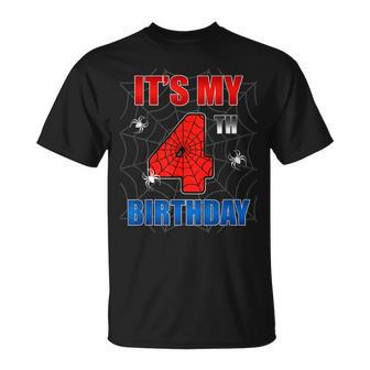 Spider Web Four 4 Years Old It's My 4Th Birthday Boy Party T-Shirt - Seseable