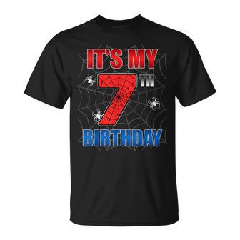 Spider Web Seven 7 Years Old It's My 7Th Birthday Boy Party T-Shirt - Monsterry UK