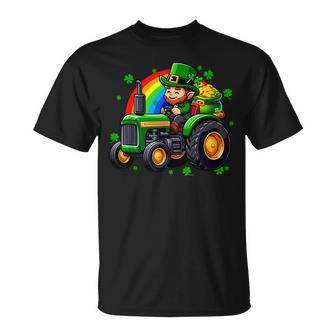 St Patrick's Day Cute Man Driving Tractor Shamrocks Rainbow T-Shirt | Mazezy