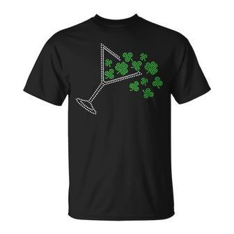 St Patrick's Day Martini Clover Bling Rhinestone Paddy's Day T-Shirt | Mazezy