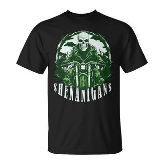 St Patrick's Day For Motorcycle Shenanigans Irish Skull T-Shirt - Seseable