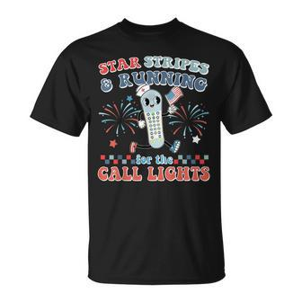 Stars And Stripes Running For Call Lights 4Th Of July Nurse T-Shirt - Monsterry AU