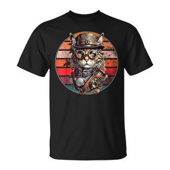 Steampunk Cat Retro Sunset Glasses Hat And Watches T-Shirt - Seseable