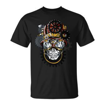 Steampunk Goggles Skull Head With Top Hat Gears Gothic T-Shirt - Monsterry