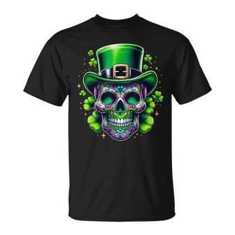 Sugar Skull Wearing Irish Leprechaun Hat St Patrick's Day T-Shirt - Monsterry