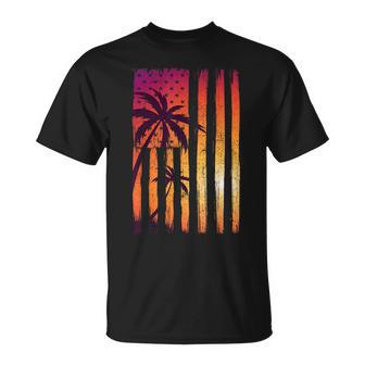 Summer Sunset Palm Trees American Flag Cool Spring Beach T-Shirt - Monsterry AU