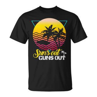 Suns Out Guns Out Retro 80S Beach Scene Palm Tree Sunset T-Shirt - Monsterry