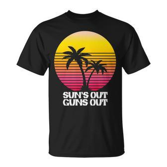 Suns Out Guns Out Retro 80S Beach Scene Palm Tree Sunset T-Shirt - Monsterry