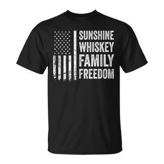 Sunshine Whiskey Family & Freedom Usa Flag Summer Drinking T-Shirt - Monsterry