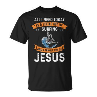 Surfing And Jesus Christian Sport Surfer Surfboard Themed T-Shirt | Mazezy