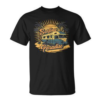 Surfing Paradise Beach Summer Vacation Camper Van Graphic T-Shirt - Monsterry