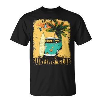 Surfing Summer Beach Hippie Van Bus Surfboard Palm Tree T-Shirt | Mazezy