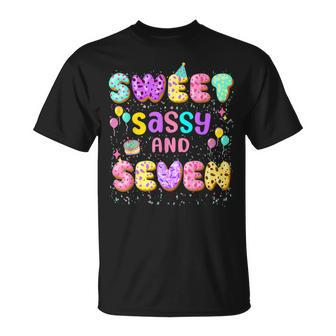 Sweet Sassy And Seven Birthday Girl Donut Family Party Decor T-Shirt - Seseable
