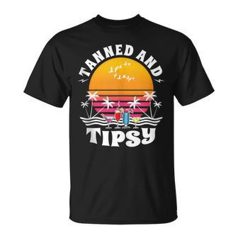 Tanned And Tipsy Beach Drinking Retro Sunset Summer Vacation T-Shirt - Monsterry