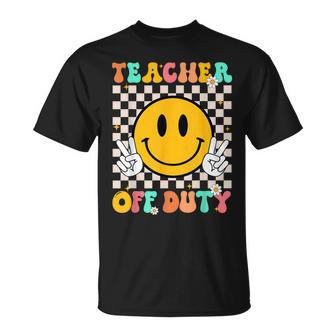 Teacher Off Duty Smile Face Retro Groovy Last Day Of School T-Shirt | Mazezy
