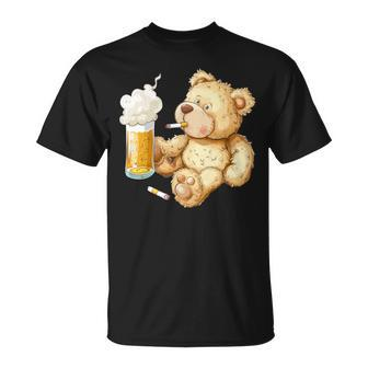 Teddy Bear Smokes And Drinks Beer For Men's Day Father's Day T-Shirt - Monsterry AU
