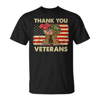 Thank You Veteran Veterans Day American Us Flag Poppy Flower T-Shirt - Monsterry