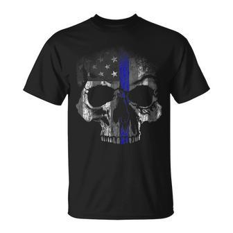 Thin Blue Line Police Usa Skull Flag Law Enforcement Support T-Shirt - Monsterry CA