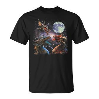 Three Dragon Starry Night Dragon Animal Howling At The Moon T-Shirt - Thegiftio UK