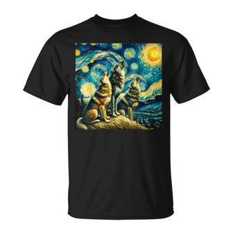 Three Wolves Howling At The Moon Starry Night Wolf Lover T-Shirt - Monsterry UK