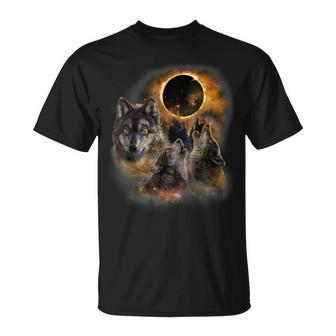Three Wolves And Solar Eclipse Forest Wolf Animals Wild T-Shirt | Mazezy