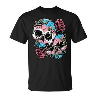 Transgender Pride Trans Flag Skull Roses Subtle Lgbtq T-Shirt - Monsterry