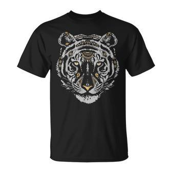 Tribal Tiger Head With Gold Flakes Graphic T-Shirt - Monsterry