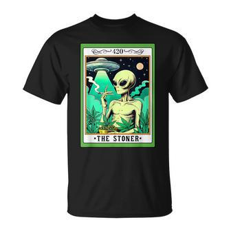 Ufo Alien Smoking Cannabis Weed 420 The Stoner Tarot Card T-Shirt - Seseable