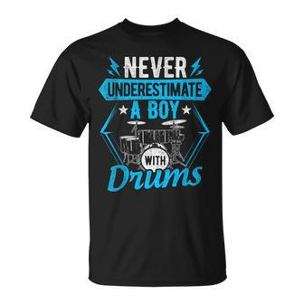 Never Underestimate A Boy With Drums Drumming Rock Band T-Shirt | Mazezy