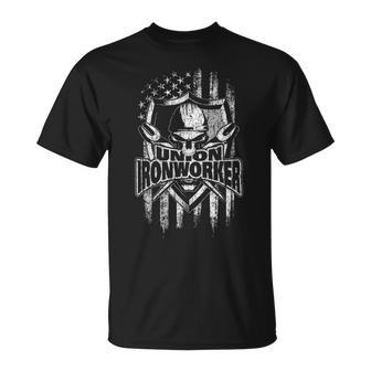 Union Ironworker – Distressed American Flag Skull And Tools T-Shirt | Mazezy
