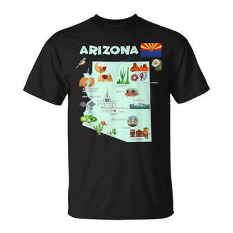Usa Arizona State Travel Map Cities Flag Landmarks T-Shirt - Monsterry