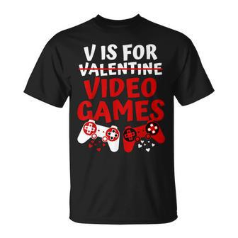 V Is For Video Games Valentines Day Gamer Boy Men T-Shirt | Mazezy