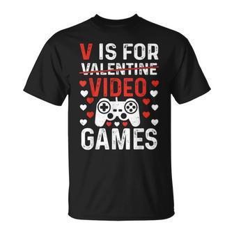 V Is For Video Games Valentines Day Video Gamer Boy Men T-Shirt - Monsterry