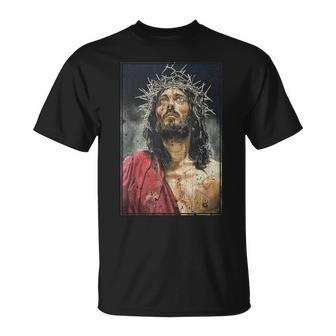 Vintage Face Of Jesus On A Cross With Crown Of Thorns T-Shirt | Mazezy