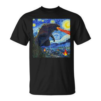 Vintage Japanese Monster Kaiju In Van Gogh Starry Night T-Shirt - Seseable