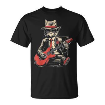Vintage Jazz Cat Playing Guitar Band Retro Jazz Band T-Shirt - Seseable