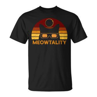 Vintage Retro Meowtality Solar Eclipse 2024 Black Cat T-Shirt - Monsterry