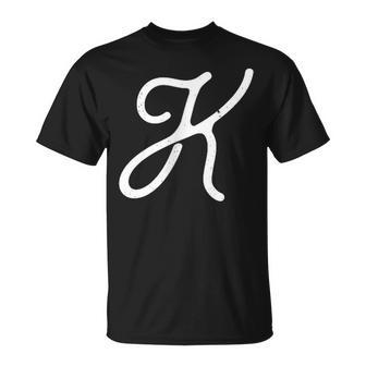 Vintage-Style Letter K Initial Monogram Script Font T-Shirt - Monsterry