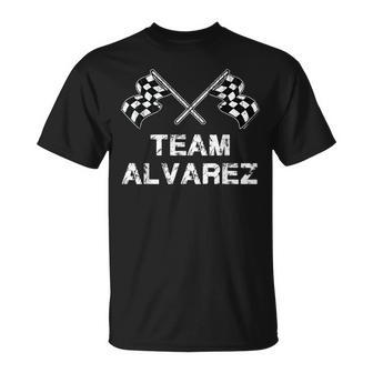 Vintage Team Alvarez Family Name Checkered Flag Racing T-Shirt - Seseable