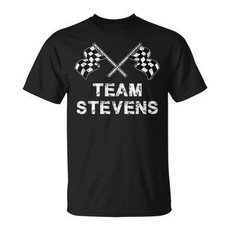 Vintage Team Stevens Family Name Checkered Flag Racing T-Shirt - Seseable