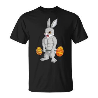 Weightlifting Fitness Gym Happy Easter Bunny Lifting Eggs T-Shirt | Mazezy UK