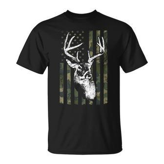 Whitetail Buck Deer Hunting Usa Camouflage Flag On Back T-Shirt - Monsterry