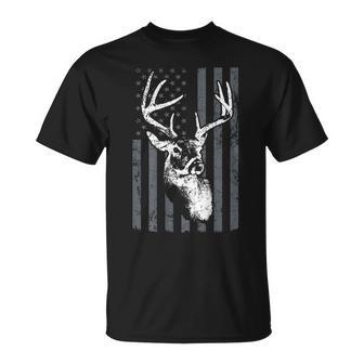 Whitetail Buck Deer Hunting Usa Grey American Flag On Back T-Shirt - Monsterry