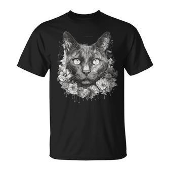 Wiccan Wicca Moon Cat With Flowers Pagan Witch Geometric T-Shirt - Monsterry