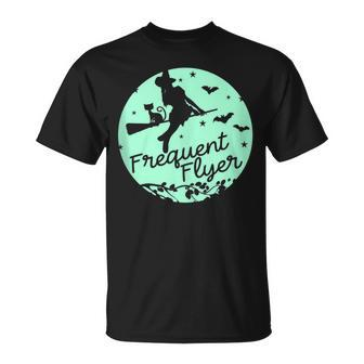 Witch Silhouette Moon Cat Bats Witchcraft Frequent Flyer T-Shirt - Monsterry UK